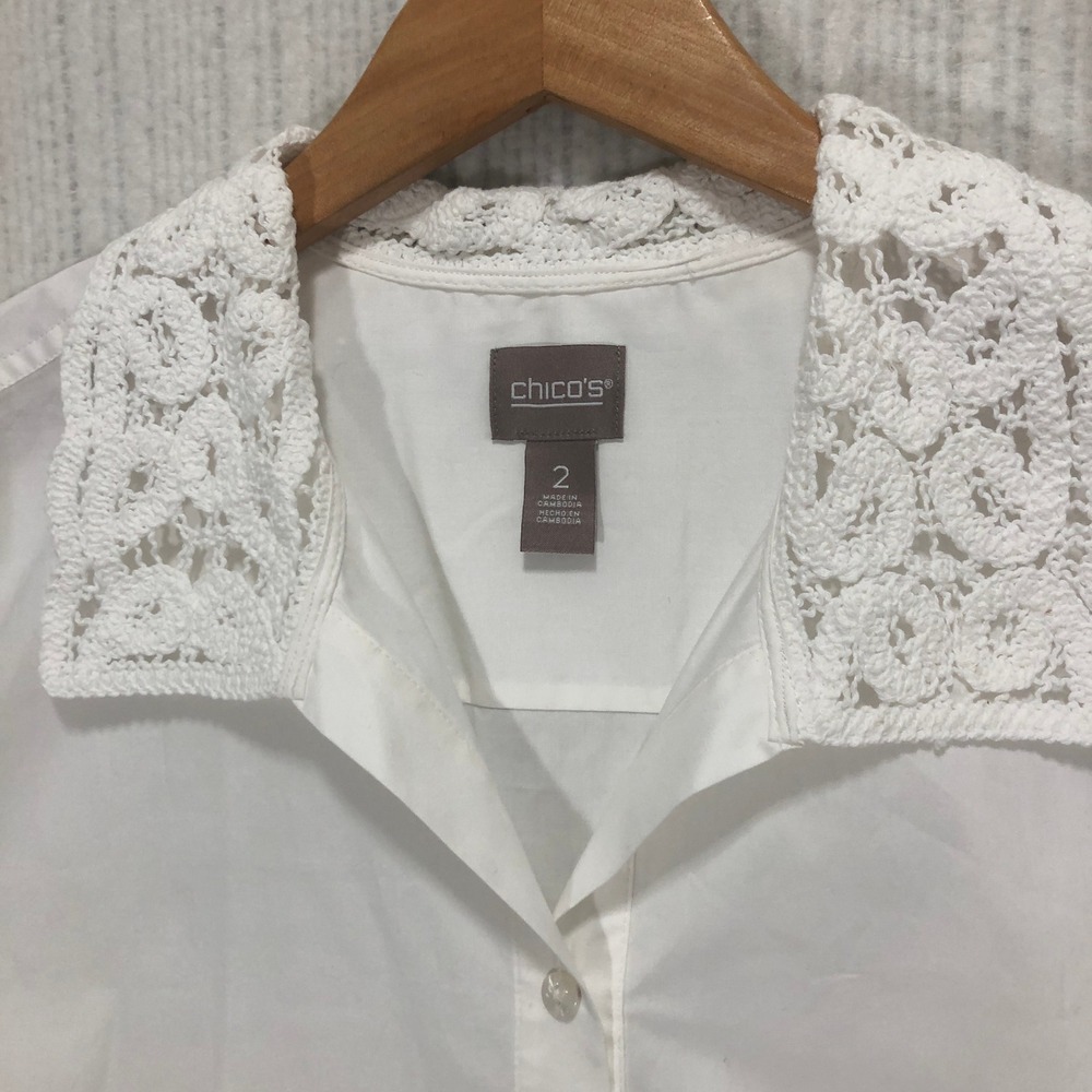 Chico's White Crochet Lace Trim Button Down Shirt Size 2 Large Long Sleeve Top - Picture 4 of 8